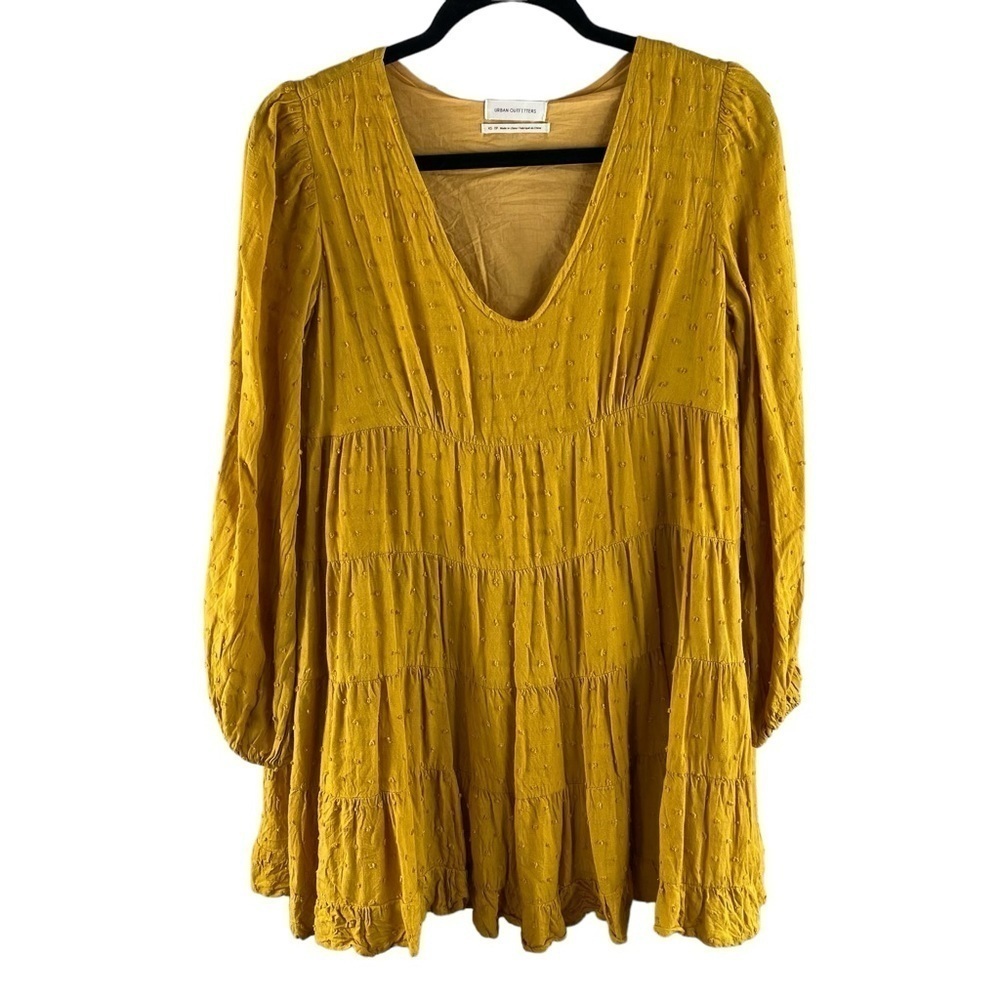 Urban Outfitters Women’s Mustard Yellow Tiered Long Sleeve BoHo Mini Dress Sz XS